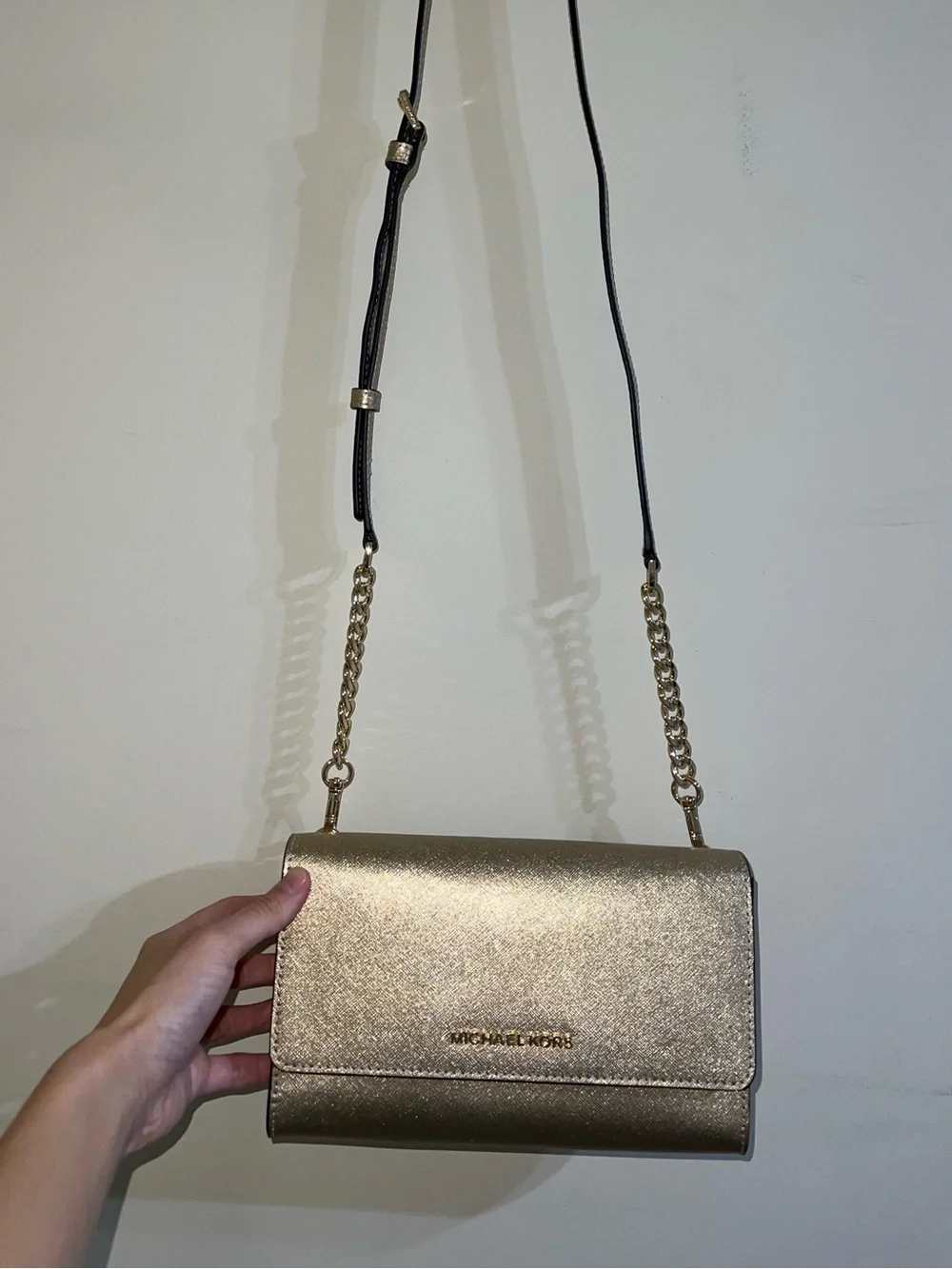 Michael Kors Metallic Gold Saffiano Leather Chain Crossbody Wallet